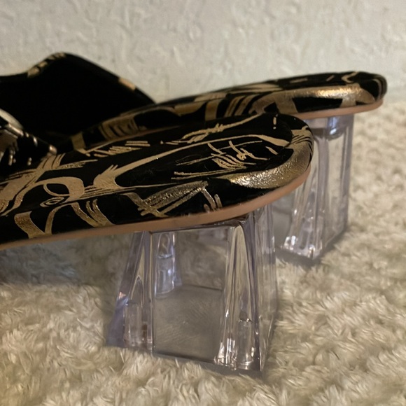 Ladies Elegant Sandal Black Velvet w/Gold Embossed Design Clear 2” Heel Slip on - Picture 6 of 7